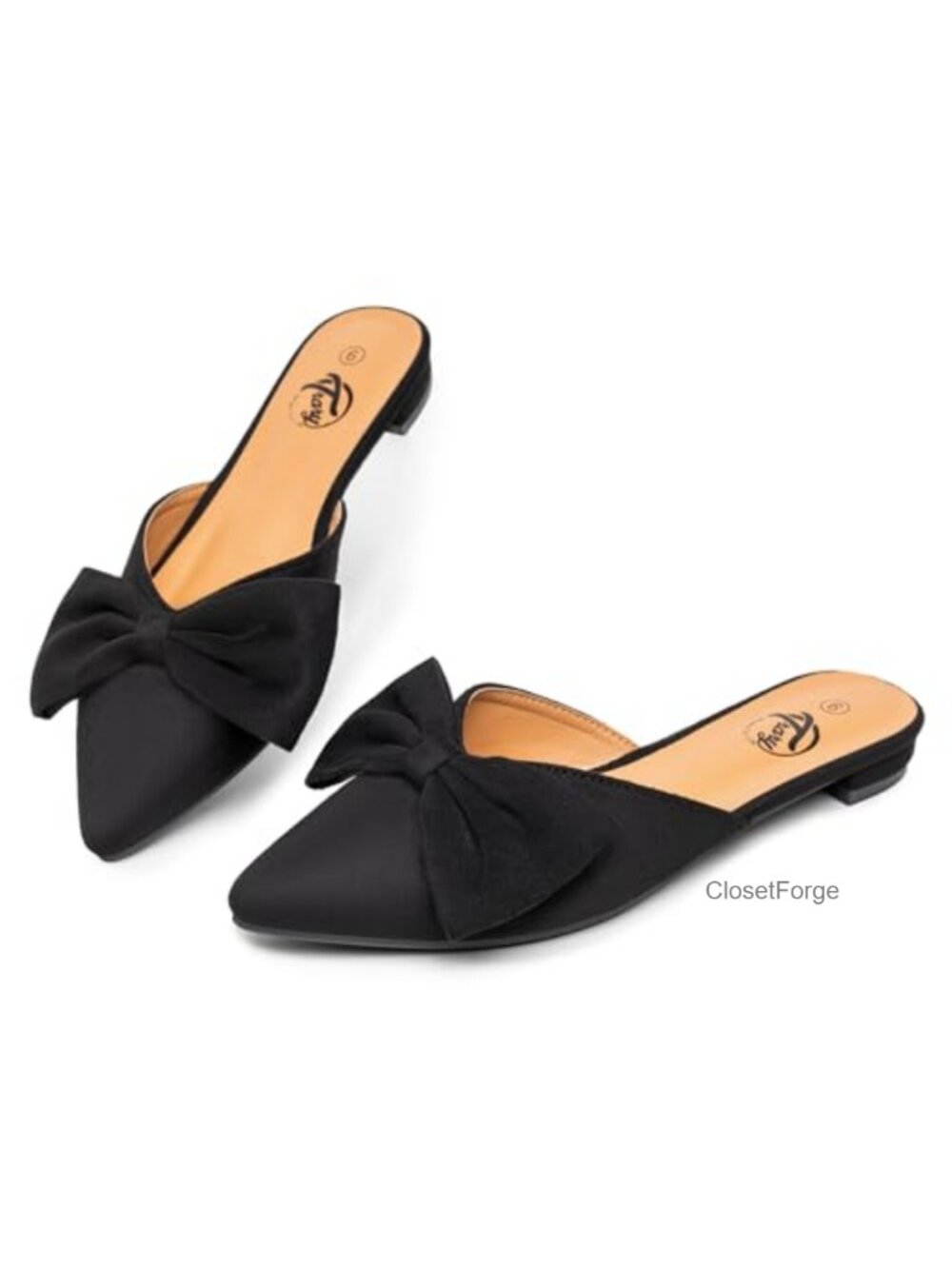 Women's Bow Suede Slip-On Mules, Cushioned Pointed Toe Flats